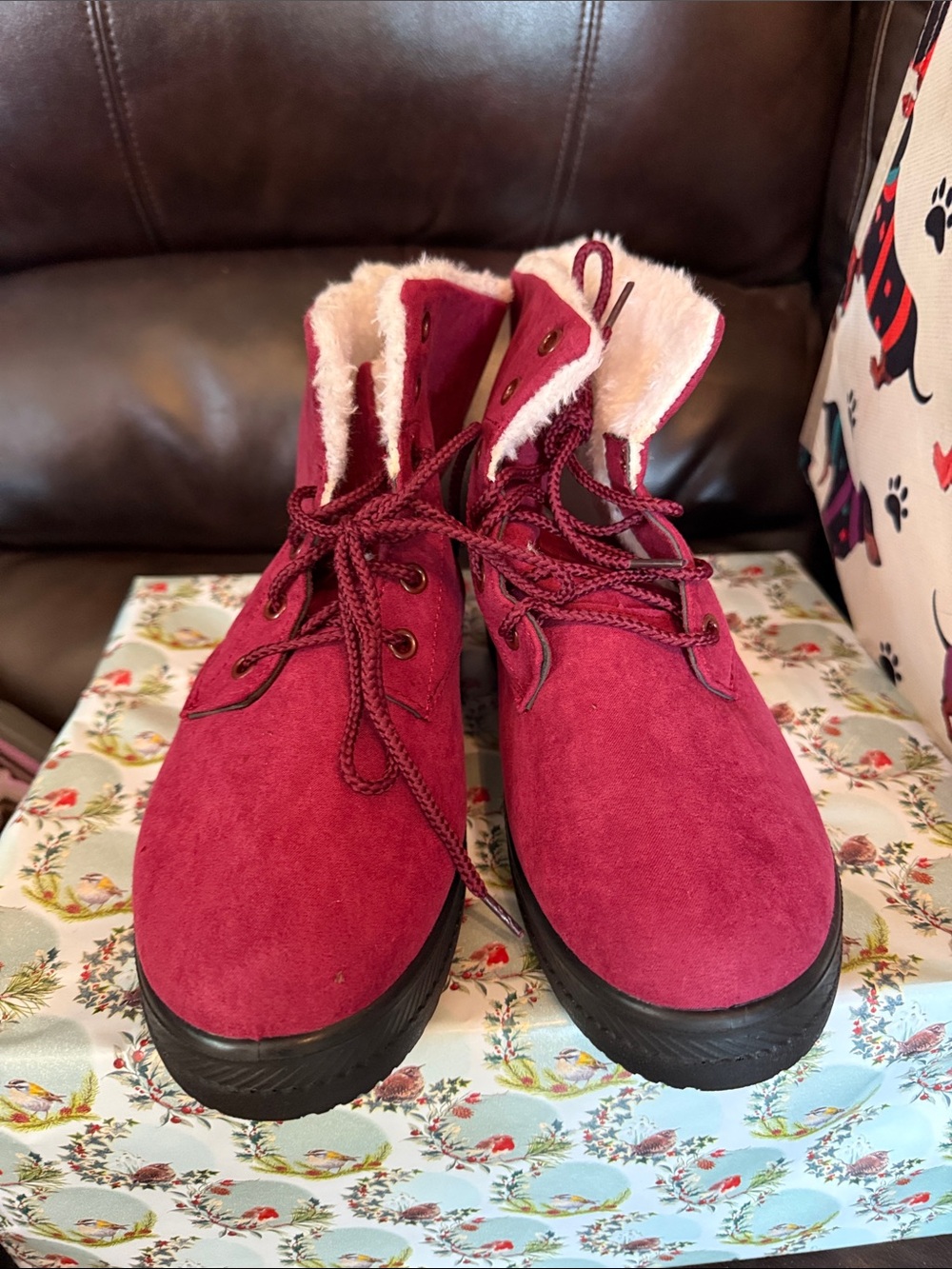 Women's Burgundy Suede Faux-Fur Lace-Up Winter Boots